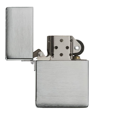 Zippo Lighter 1935 Replica front view opened in brushed chrome look