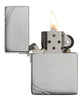 Zippo Lighter 1935 Replica front view opened and lit in brushed chrome look with engraved slashes on opposite corners.