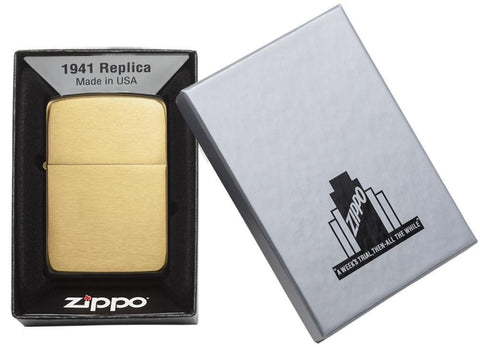 Zippo Lighter 1941 Replica front view in brushed brass in gold in silver box