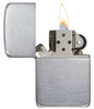Zippo Lighter 1941 Replica front view opened and lit in brushed chrome optic