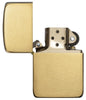 Zippo Lighter 1941 Replica front view opened and lit in brushed brass in gold in stylized hand