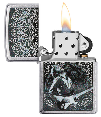 Zippo Lighter Front View Brushed Chrome Opened and Lit with Eric Clapton Image by Ron Pownall