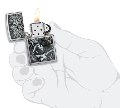 Zippo Lighter Front View Brushed Chrome Opened and Lit with Eric Clapton Image of Ron Pownall in Stylised Hand