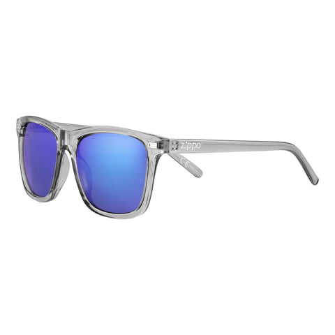 Front View 3/4 Angle Zippo Sunglasses Dark Blue Lenses With Grey Transparent Frames