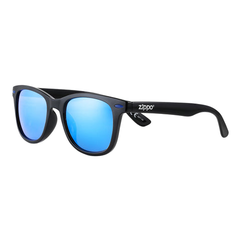 Front View 3/4 Angle Zippo Sunglasses Black, Square, Blue Mirrored Lenses