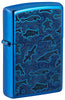 Zippo Lighter Front View ¾ Angle in High Gloss Blue with Illustration of Sea Creatures in the Style of Aboriginal Art