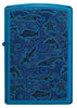 Zippo lighter front view in high gloss blue with illustration of sea creatures in the style of aboriginal art