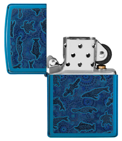 Zippo lighter front view open in high gloss blue with illustration of sea creatures in the style of aboriginal art