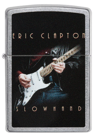 Zippo lighter front view chrome with coloured image of Eric Clapton playing guitar