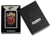 Zippo lighter front view chrome with coloured image of a red guitar of Eric Clapton in open box