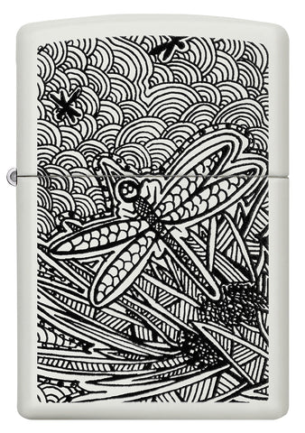 Zippo Lighter Front View White Matte with Illustration of Dragonfly in Aboriginal Art Style