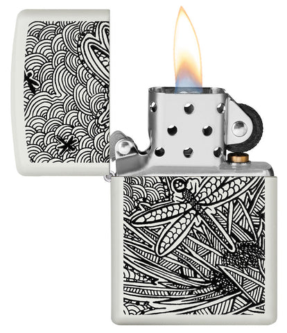 Zippo Lighter Front View White Matte Opened and Lit with Image of Dragonfly in Aboriginal Art Style