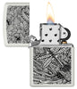 Zippo Lighter Front View White Matte Opened and Lit with Image of Dragonfly in Aboriginal Art Style