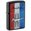 Zippo lighter front view ¾ angle black matt with coloured image of the Ford Mustang logo