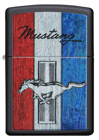 Zippo lighter front view black matt with coloured image of the Ford Mustang logo