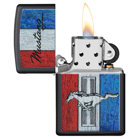Zippo lighter front view black matt opened and lit with coloured image of the Ford Mustang logo