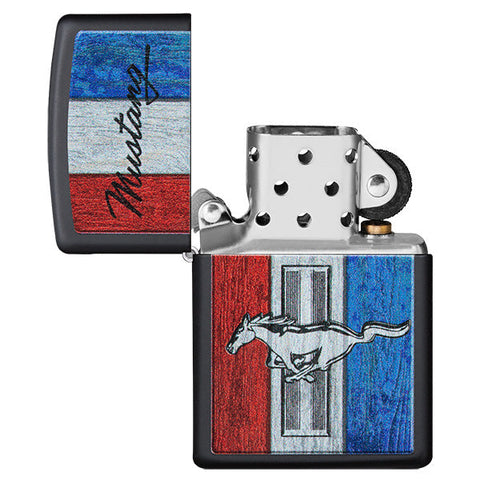 Zippo lighter front view black matt open with coloured image of the Ford Mustang logo