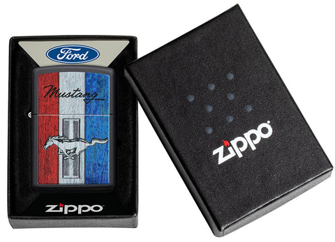 Zippo lighter front view black matt with coloured image of the Ford Mustang logo in Ford gift box