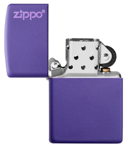 Purple Matte Zippo Logo windproof lighter with the lid open and not lit