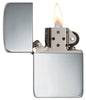 Zippo Lighter 1941 Replica in sterling silver front view opened and lit in high polished silver optic