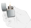 Zippo Lighter 1941 Replica in sterling silver front view opened and lighted in satin silver look in stylized hand