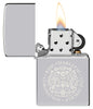 Front view of the open Zippo King Charles Coronation storm lighter, with flame