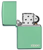 Classic High Polish Green Zippo Logo Windproof Lighter with its lid open and unlit