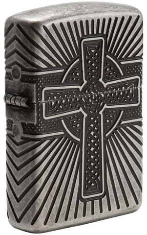 Armor® Celtic Cross Design Windproof Lighter standing at a 3/4 angle