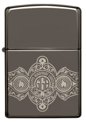 Zippo Lighter Front View Black Ice® with 360° Engraving of Zippo Flames and Logo in Cigar Band Design