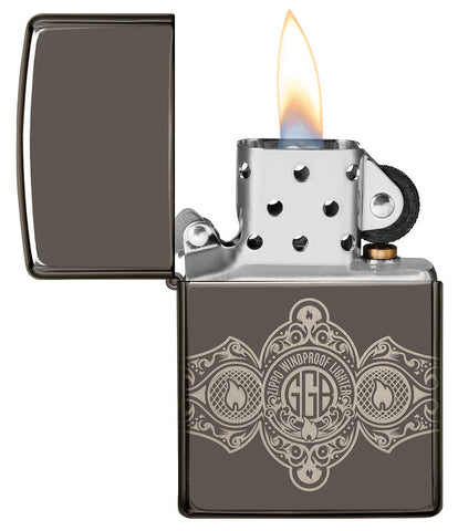 Zippo Lighter Front View Black Ice® Opened and Lit with 360° Engraving of Zippo Flames and Logo in Cigar Band Design