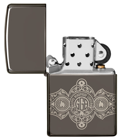 Zippo Lighter Front View Black Ice® Open with 360° Engraving of Zippo Flames and Logo in Cigar Band Design