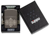 Zippo Lighter Front View Black Ice® Opened and Lit with 360° Engraving of Zippo Flames and Logo in Cigar Band Design in Open Gift Box