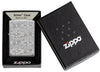 Zippo lighter front view Armor® high polish chrome plated with deep engraved lines in open box