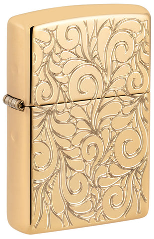 Zippo Lighter Front View ¾ Angle Armor® highly polished brass with deeply engraved squiggly lines.
