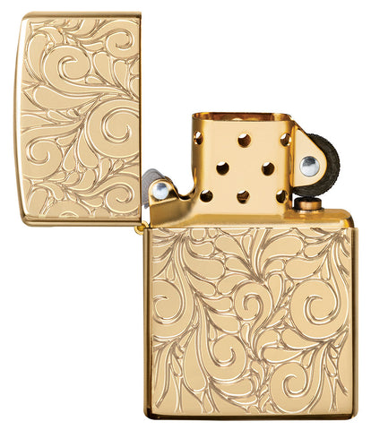 Zippo lighter front view Armor® highly polished brass open with deeply engraved squiggly lines