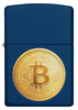 Zippo Lighter Front View in Navy Blue with Textured Image of a Bitcoin