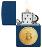 Zippo Lighter Front View Opened and Lit in Navy Blue with Textured Image of a Bitcoin