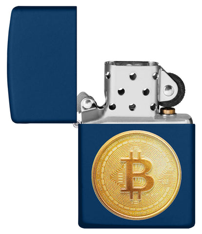 Zippo lighter front view open in navy blue with textured image of a Bitcoin