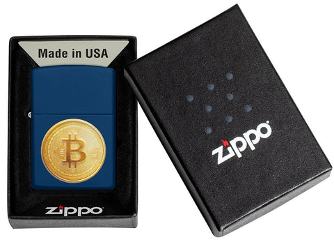 Zippo Lighter Front View in Navy Blue with Textured Image of a Bitcoin in Open Box