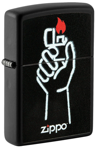 Zippo lighter front view ¾ angle black matt with illustration of Zippo lighter in one hand and Zippo logo