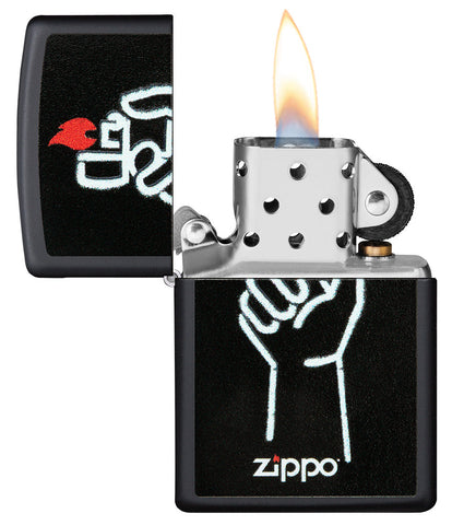 Zippo lighter front view black matt opened and lit with illustration of Zippo lighter in one hand and Zippo logo