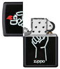 Zippo lighter front view black matt open with illustration of Zippo lighter in one hand and Zippo logo