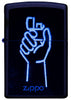 Zippo lighter night view ¾ angle black matt with glow in the dark image of Zippo lighter in one hand and Zippo logo