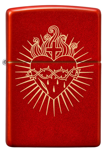 Zippo Lighter Front View Metallic Red Engraved with Sacred Heart of Jesus