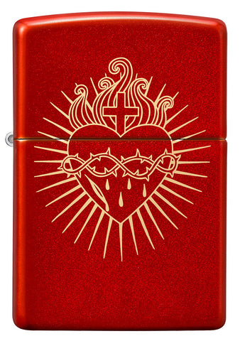 Zippo Lighter Front View Metallic Red Engraved with Sacred Heart of Jesus