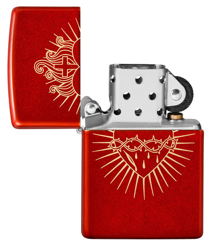 Zippo Lighter Front View Metallic Red Open Engraved with the Sacred Heart of Jesus