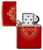 Zippo Lighter Front View Metallic Red Open Engraved with the Sacred Heart of Jesus