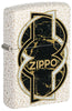Zippo lighter front view ¾ angle in white Mercury Glass optic with black gold marbled shape in the middle entwined by a white and a black line