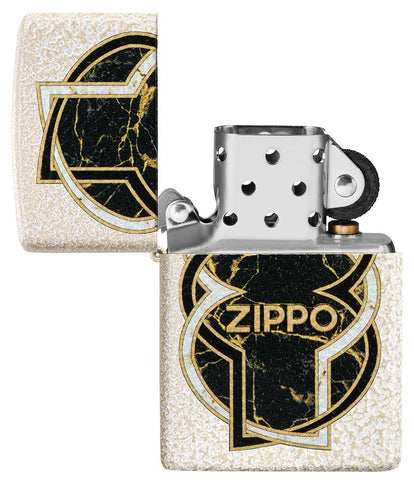 Zippo lighter front view opened in white Mercury Glass optic with black gold marbled shape in the middle wrapped by a white and a black line
