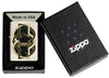 Zippo lighter front view in white Mercury Glass optic with black gold marbled shape in the middle wrapped by a white and a black line in an open box.